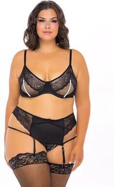 Oh La La Cheri Plus Size Oh La La Cheri Alyssa Lace & Simulated Pearl Bra & G-String Panty Set 40-11569X, Women's, Size: 1XL-2XL, Black