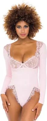 Oh La La Cheri Women's Oh La La Cheri Maria Ribbed & Eyelash Lace Long-Sleeve Unlined Bodysuit 54-11459, Size: Small, Brt Pink