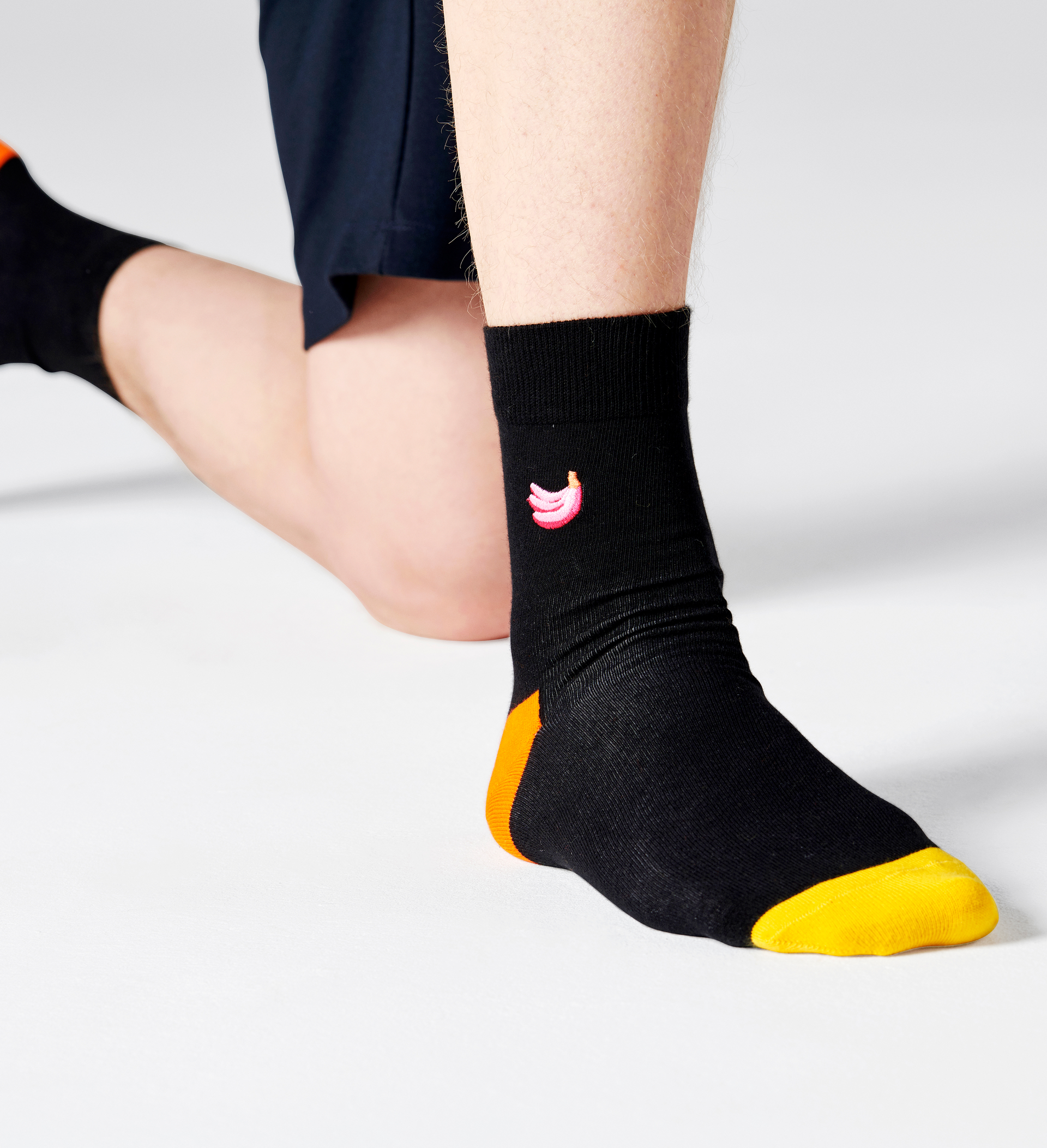 Happy Socks Embroidery Banana 1/2 Crew Sock - Black,Orange,Pink,Yellow - Unisex