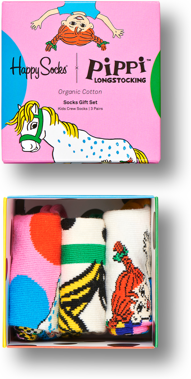 Happy Socks Pippi Longstocking Kids Gift Box 3-Pack - Blue,Green,Red,Yellow - Kids