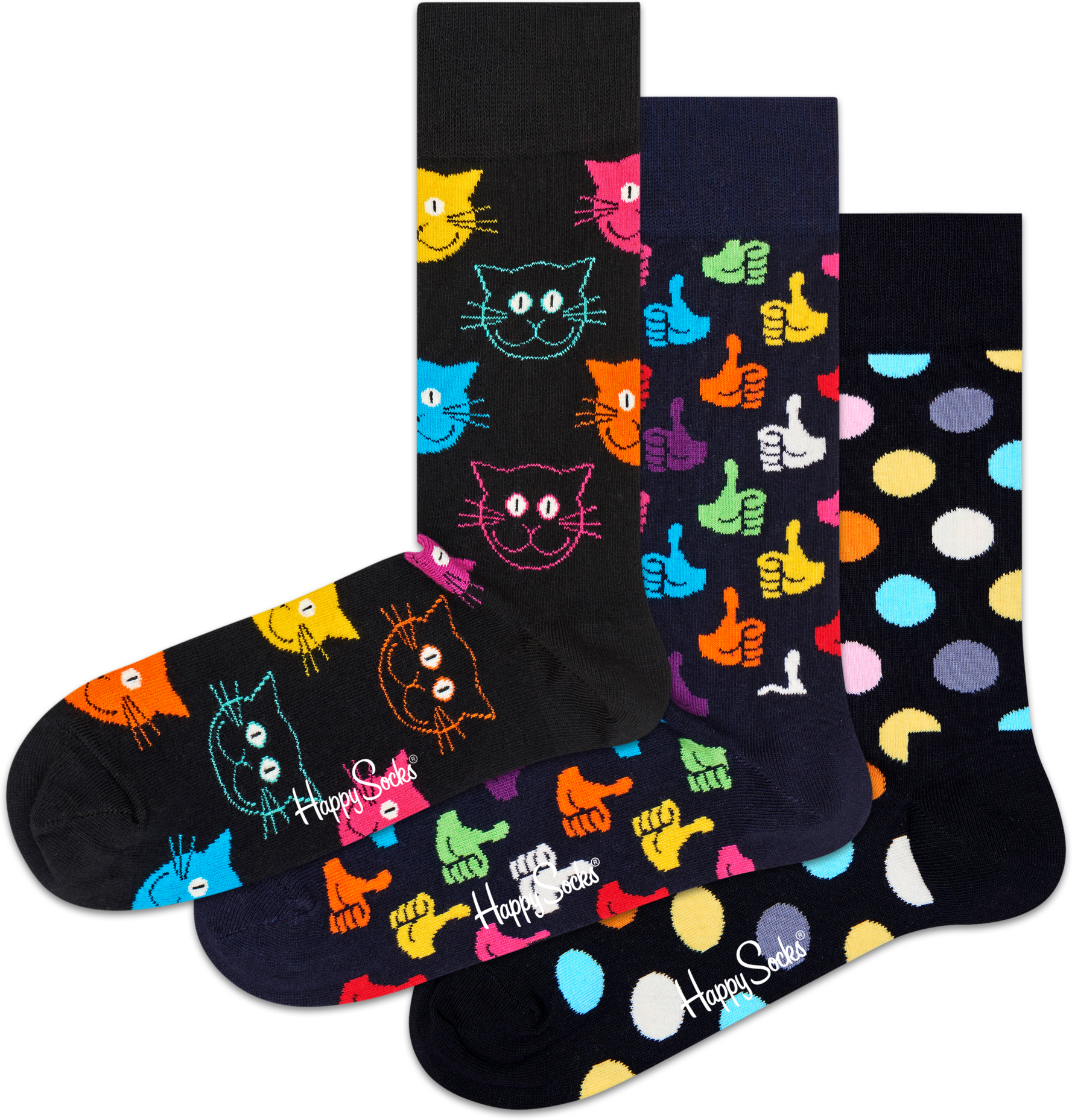 Happy Socks Cat Print Sock 3-Pack - Black,Blue,Green,Orange,Pink,Red,White,Yellow,Turquoise,Light Blue - Unisex