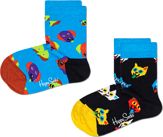 Happy Socks 2-Pack Kids Cat And Dog Sock - Black,Blue,Yellow - Kids