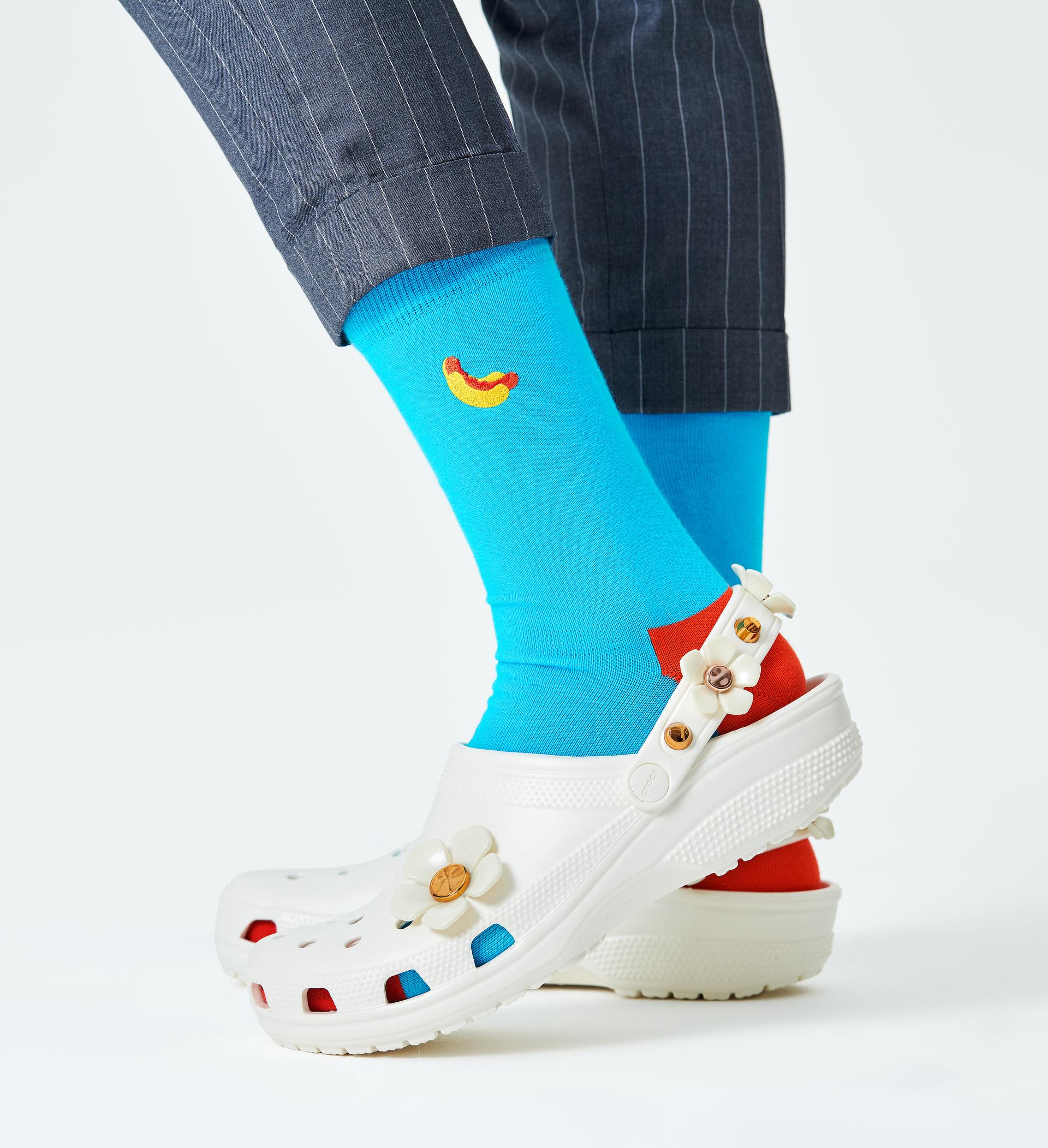 Happy Socks Embroidery Hot Dog Sock - Blue,Orange,Yellow - Unisex