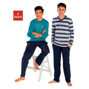 le jogger® Pyjama »mit Streifen und Print«, (4 tlg., 2 Stück), in langer Form petrol-marine, grau-meliert-marine Größe 170/176