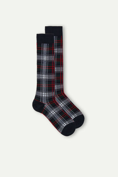 Intimissimi Dlouhé Ponožky z Hřejivé Bavlny s Bílo-Červeno-Modrým Tartanovým Vzorem Člověk Cerná Size 44-45