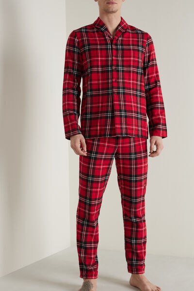 Tezenis Dlouhé Pánské Flanelové Pyžamo s Knoflíky Károvaný Vzor Červené Člověk Potisk Größe XL