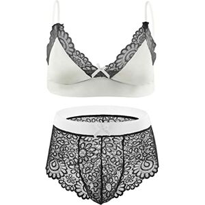 ranrann Homme Ensemble Lingerie Sissy Sexy Dentelle Maillot de Corps sous-vêtement de Nuit Gay String Ouvert Soutien-Gorge Pyjama Nuisette M-XXL Type F Blanc&Noir M - Publicité