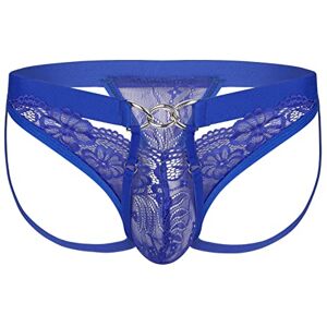 FEESHOW Homme Sissy Culotte en Dentelle Transparent Boxer String Bandage Lingerie Erotique Jockstrap Thong Bikini Fesse Nu Erotique Lingerie de Nuit Bleu One Size - Publicité