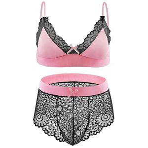 ranrann Homme Ensemble Lingerie Sissy Sexy Dentelle Maillot de Corps sous-vêtement de Nuit Gay String Ouvert Soutien-Gorge Pyjama Nuisette M-XXL Type F Rose&Noir L - Publicité