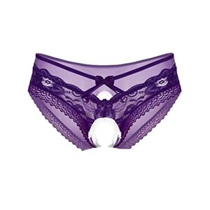 FEESHOW Sexy Homme sous-vêtement Dentelle Culotte Transparent String Ouvert Sissy Thong Tanga Fesse Nue Panties T-Back Slip de Bain Natation Bas de Bikini Erotique Underwear Violet C L - Publicité