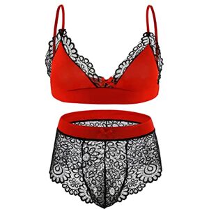 ranrann Homme Ensemble Lingerie Sissy Sexy Dentelle Maillot de Corps sous-vêtement de Nuit Gay String Ouvert Soutien-Gorge Pyjama Nuisette M-XXL Type F Rouge&Noir XL - Publicité