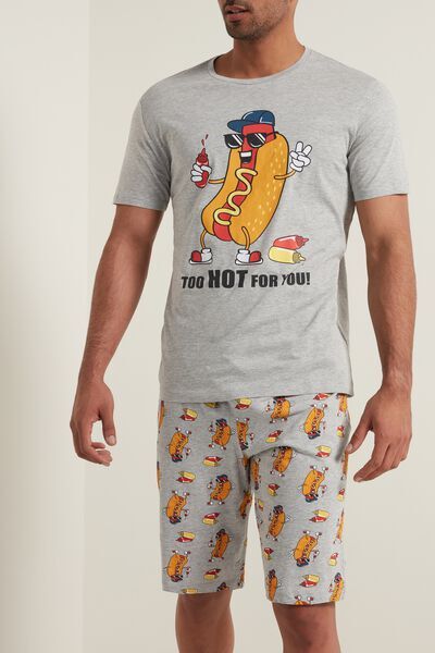 Tezenis Pigiama Corto Uomo in Cotone Stampa Hot Dog Uomo Grigio