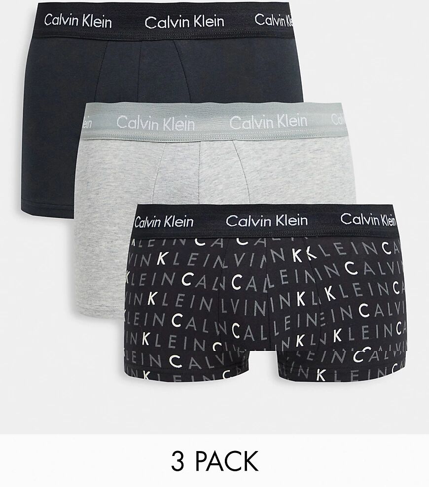 Calvin Klein 3 pack low rise trunks with logo waistband in black and grey logo print-Multi  Multi