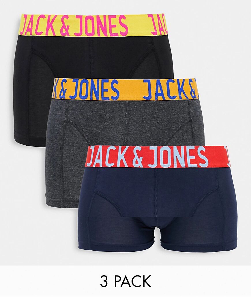 Jack & Jones 3 pack trunks with bright waistband-Black  Black