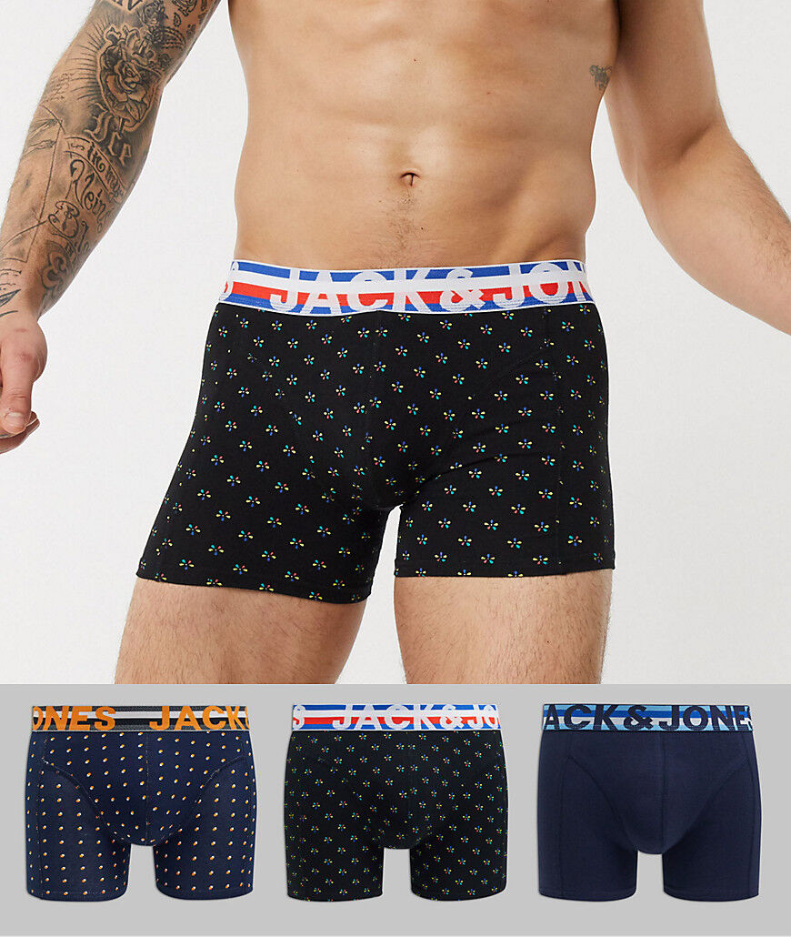 Jack & Jones 3 pack trunks with print in black and navy-Multi  Multi