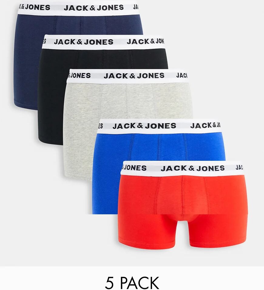 Jack & Jones 5 pack contrast waistband trunks in multi-Black  Black