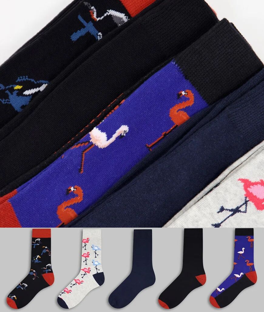 Jack & Jones 5 pack socks with flamingo print in multi colour  Multi