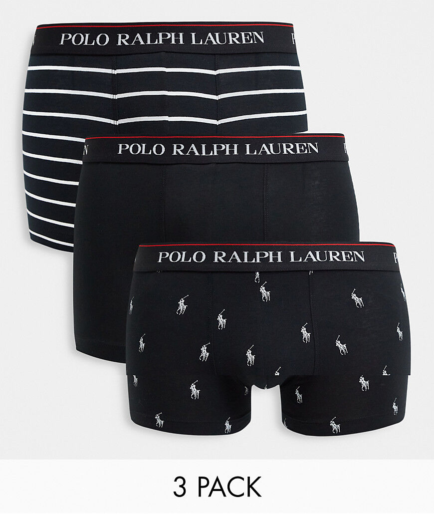 Polo Ralph Lauren 3 pack trunks with text logo waistband in black/stripe and all over pony logo  Black