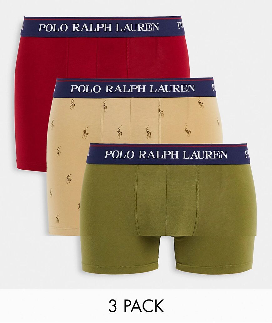 Polo Ralph Lauren 3 pack trunks with text logo waistband in green/red and cream all over pony logo-White  White