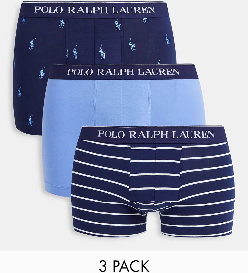 Polo Ralph Lauren 3 pack trunks with text logo waistband in navy all over pony logo/blue/navy stripe-Multi  Multi