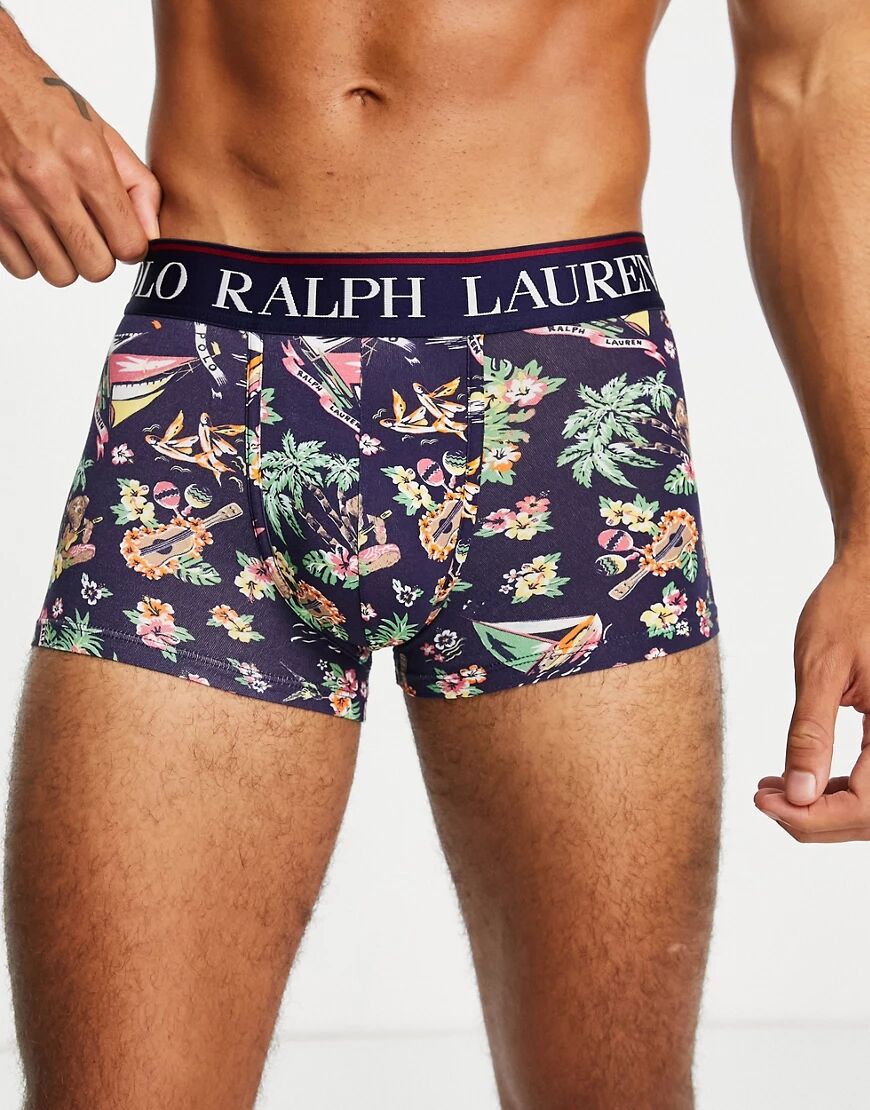 Polo Ralph Lauren trunks with logo waistband in navy all over hawaiin bear logo  Navy