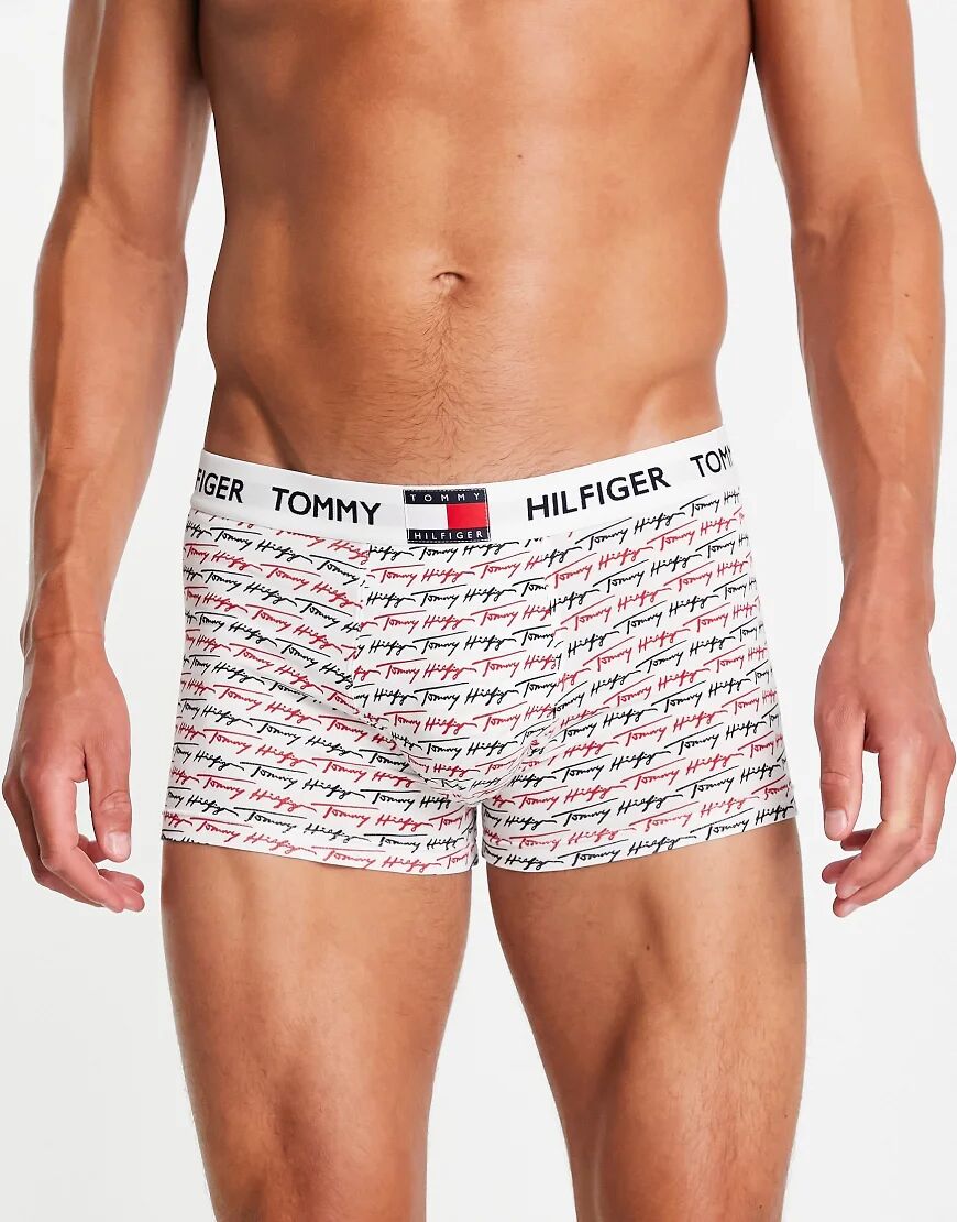 Tommy Hilfiger trunks with all over script logo and flag logo waistband in white  White