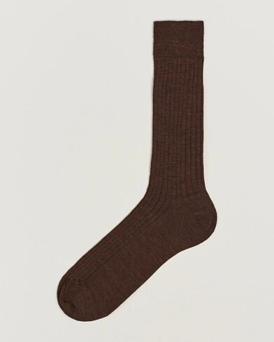 Bresciani Wool/Nylon Ribbed Short Socks Brown Melange
