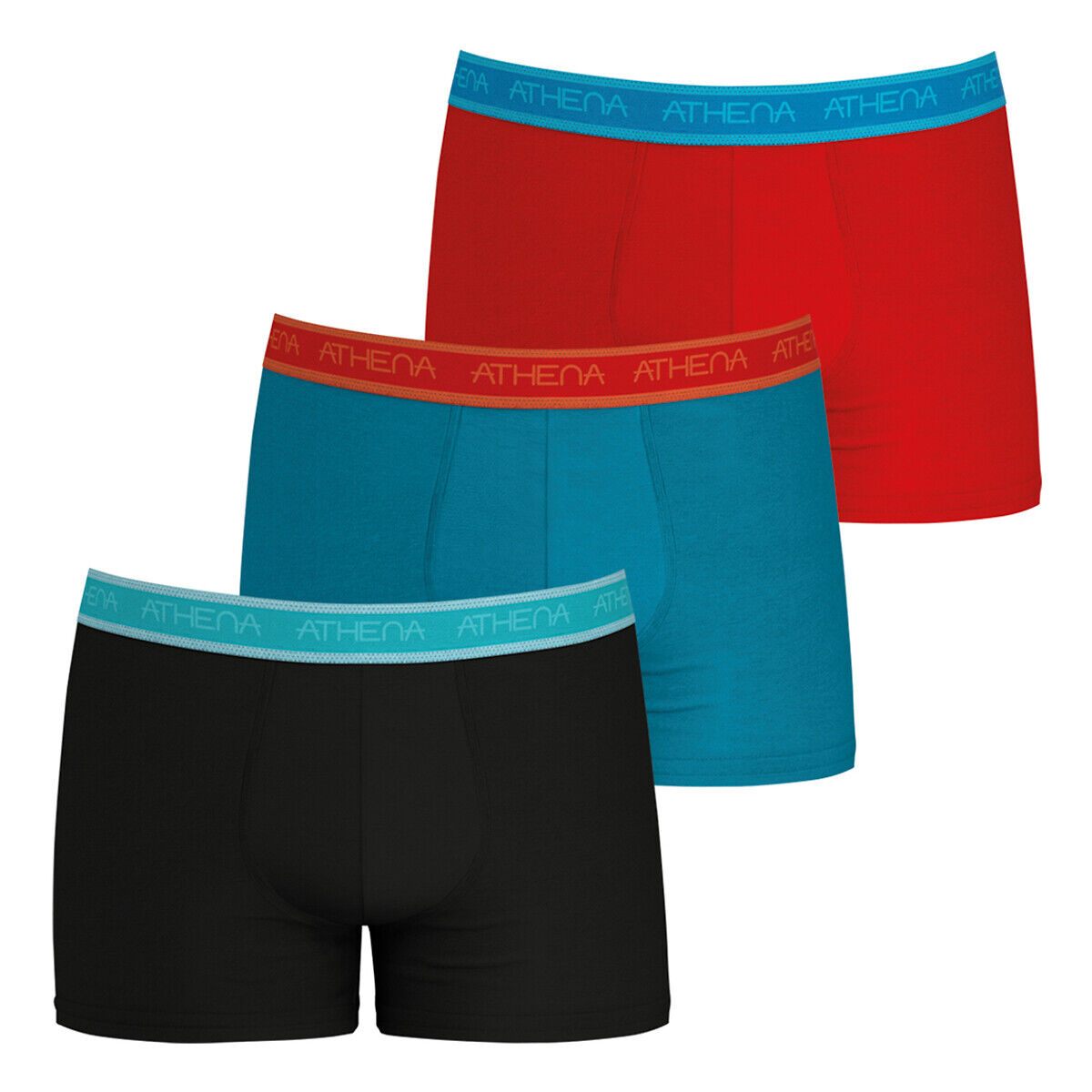 Athena Lote de 3 boxers lisos, Easy bio   Preto + azul + vermelho