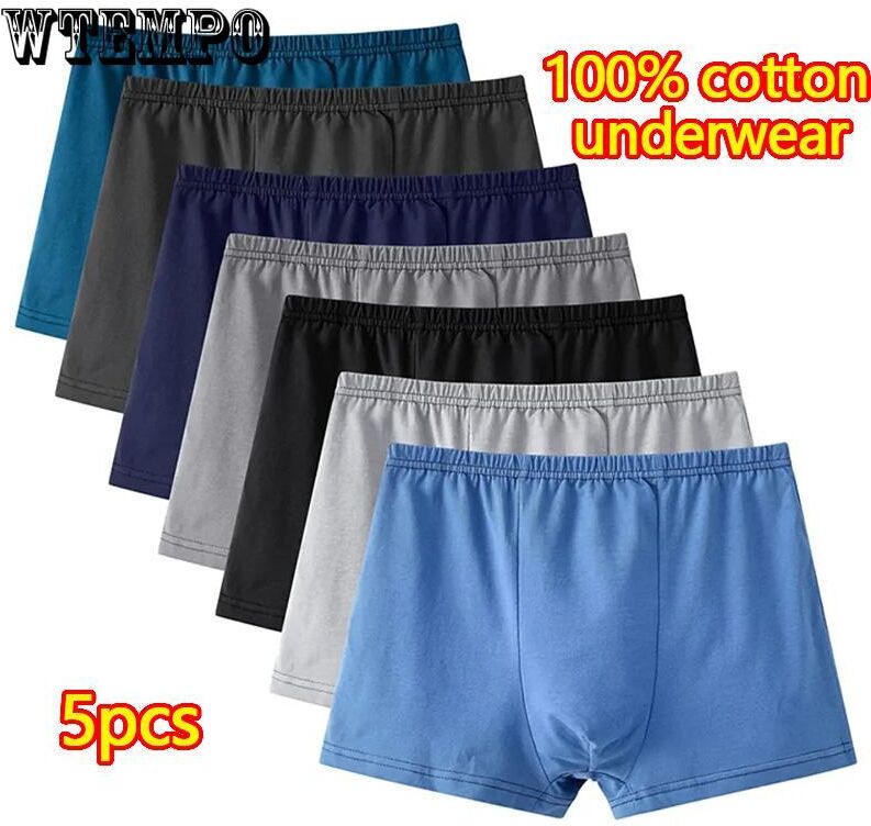 WTEMPO 5pcs Pure Cotton High-waist Men's Underwear, Large Size Boxer Briefs, Loose, Breathable, Sweat-absorbent, Middle-aged and Elderly Boxer Briefs