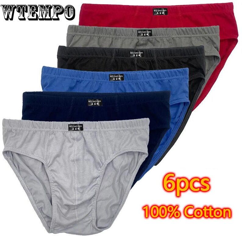 WTEMPO 100% Cotton Men's Underwear, Mid-waist Briefs, Youth Loose Underwear, Plus Fat Plus Size Underwear 6pcs