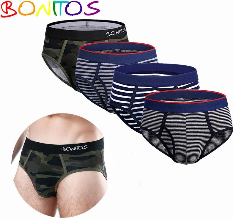 BONITOS 4Pcs Sexy stripe Briefs Men printing Men's Underpants Cotton Underwear For Man