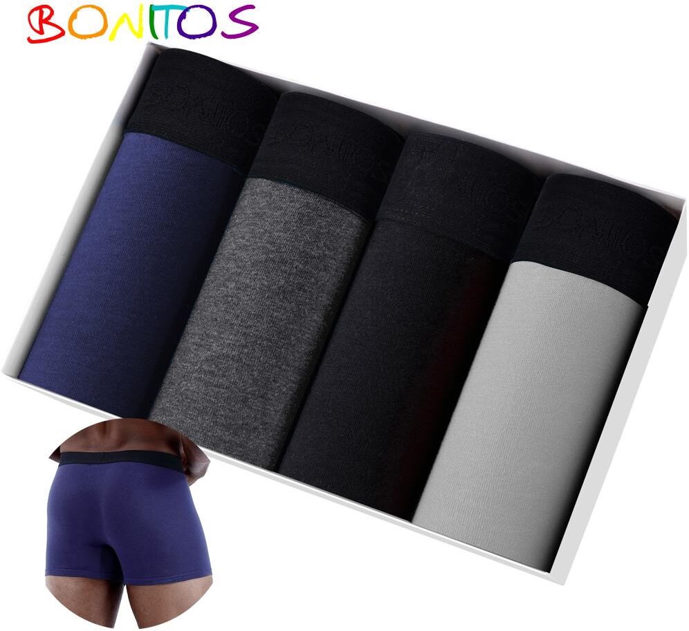 BONITOS 4Pcs Solid Color Men's Underpants Comfortable Man Underwear Cotton Boxers For Men