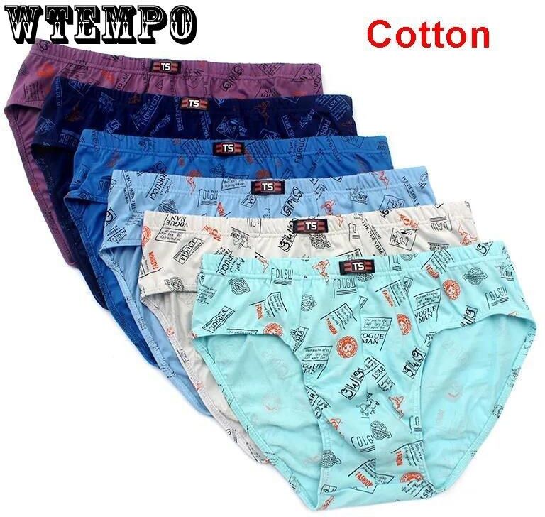 WTEMPO 6 Packs of Men's Cotton Underwear, Mid-waist, Large-size Printed Briefs, Suitable for Young and Middle-aged Men