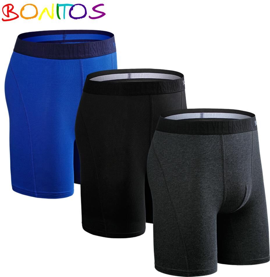 BONITOS 3Pcs Long Solid Color Men's Underpants Cotton Boxers Comfortable Underwear For Man