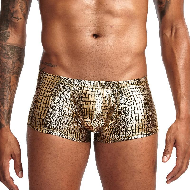 HA53LN Sexy Men's Shiny Imitation Leather Boxers Shorts Underwear Men Snake Skin Underpants U Convex Pouch Boxer Shorts Underwear for Man