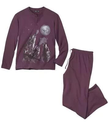 Atlasfor Men Men's Long-Sleeved Wolf Print Pyjamas - Burgundy  - PURPLE - Size: M