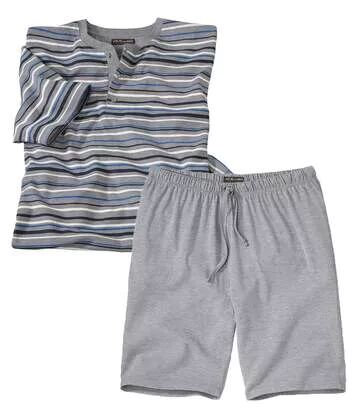Atlas for Men Men's Striped Short Pyjama Set - Grey Blue  - GREY - Size: XL