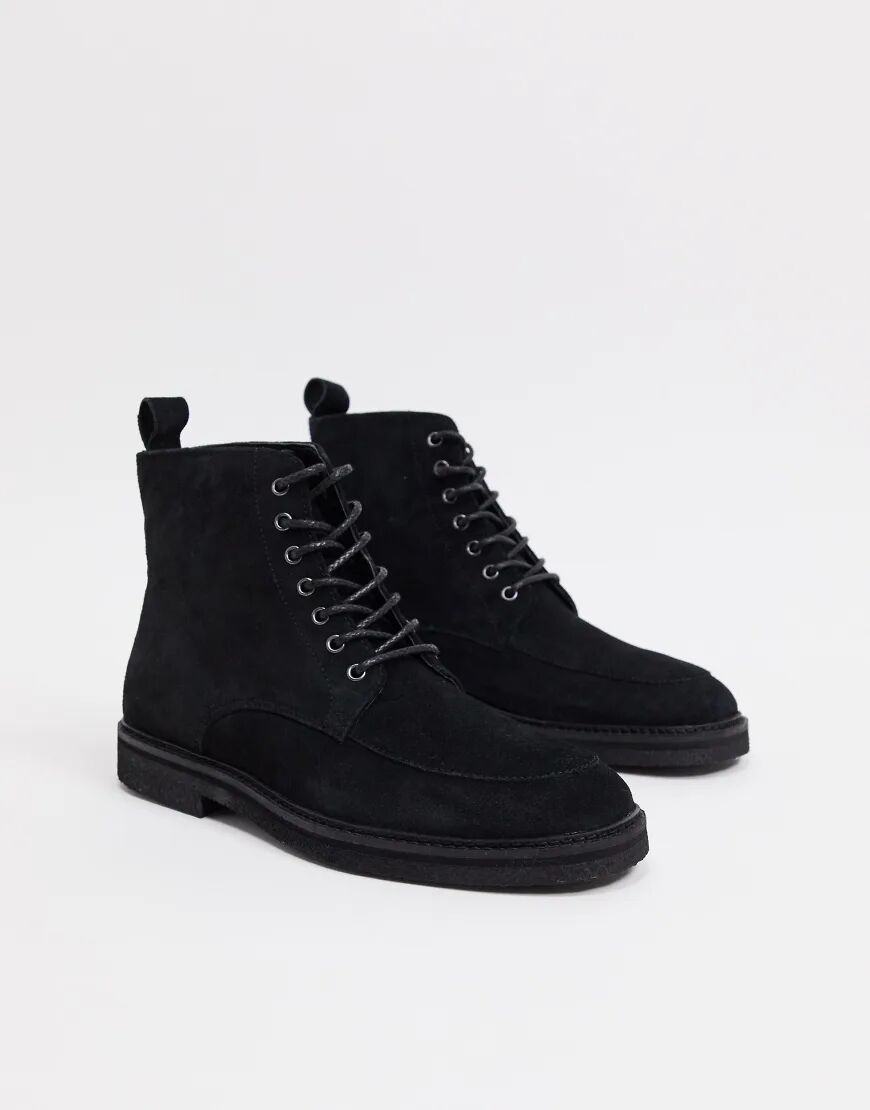 Walk London slick heritage lace up boots in black sude  Black