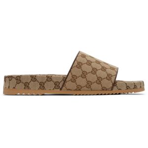 Gucci Beige Canvas GG Slide Sandals  - 9763 BEIGE EBONY/LIG - Size: UK 9 - male