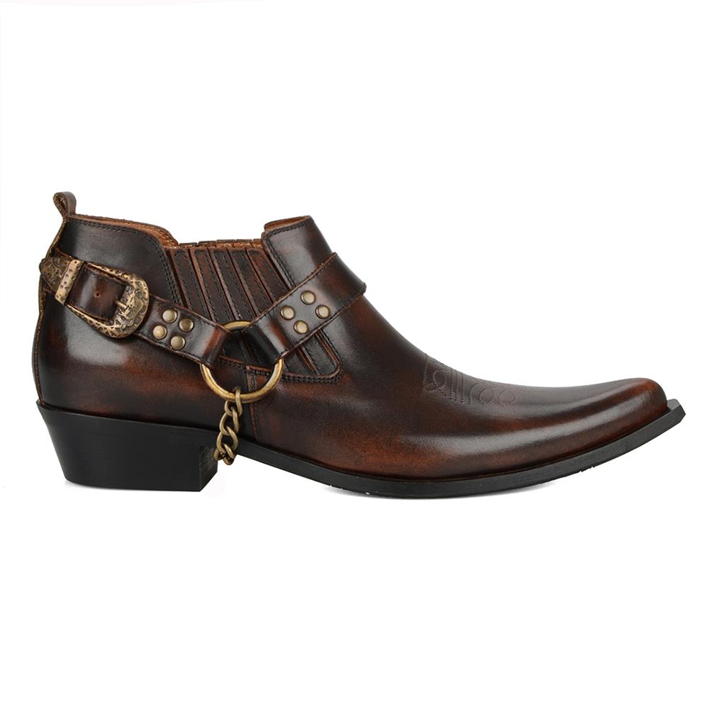 FootCourt- Brown Men Cowboy Ankle Boots New Western Heels Elastic Sides Removable Buckle Designer Shoes Handcraft Made in Turkey