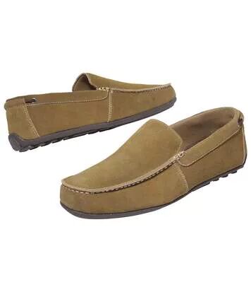 Atlas for Men Men's Camel Suede-Look Leather Moccasins  - BROWN - Size: 9