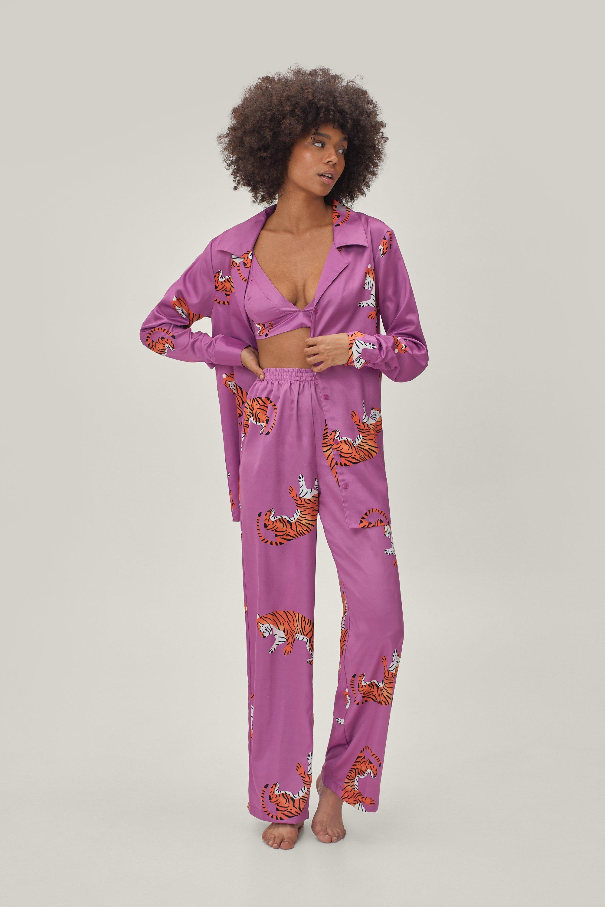 Nasty Gal Womens Recycled Satin Tiger 3 Pc Pyjama Set - Purple - 6, Purple