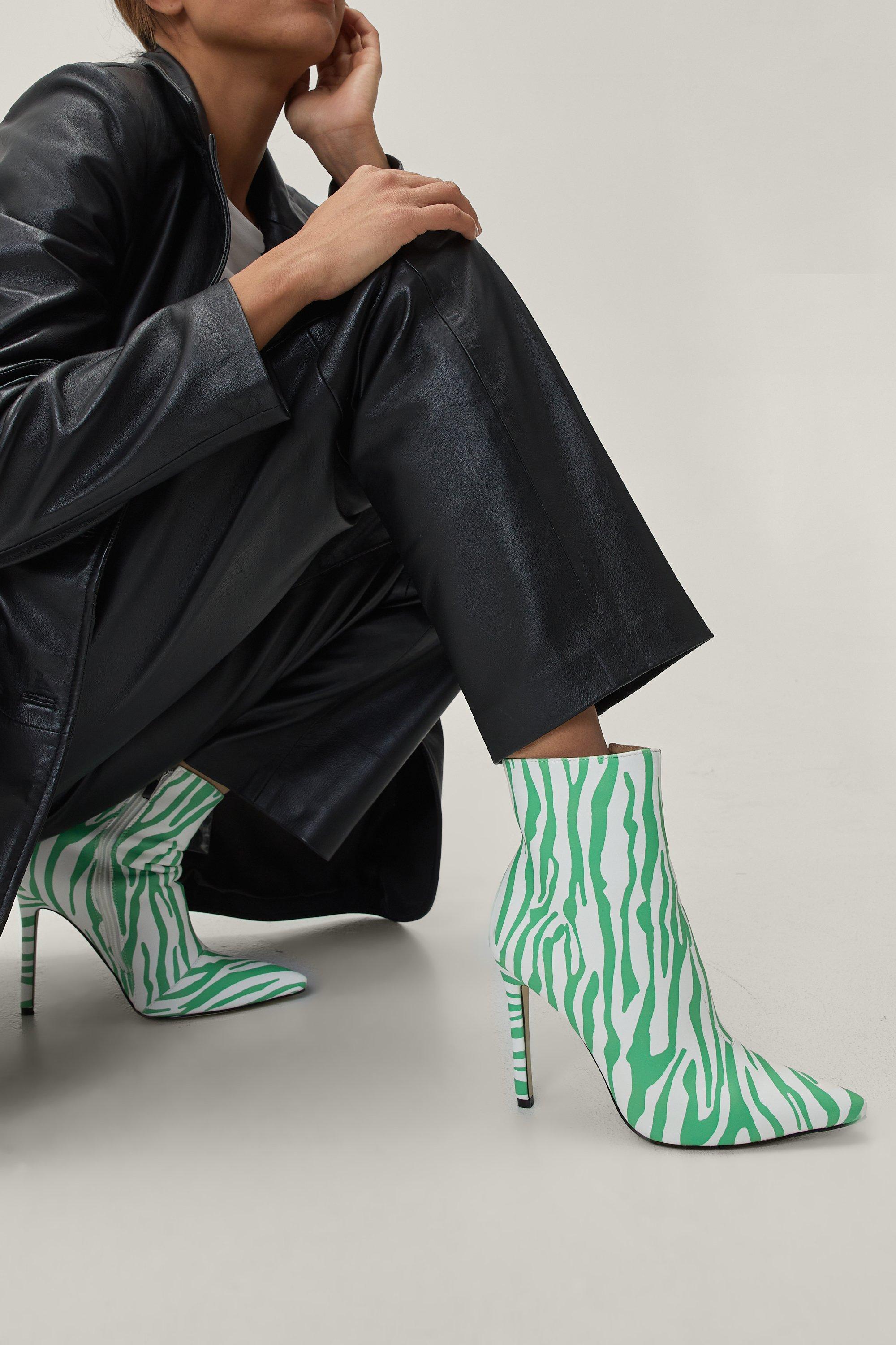 Nasty Gal Womens Zebra Print Stiletto Ankle Boots - Green - 5, Green