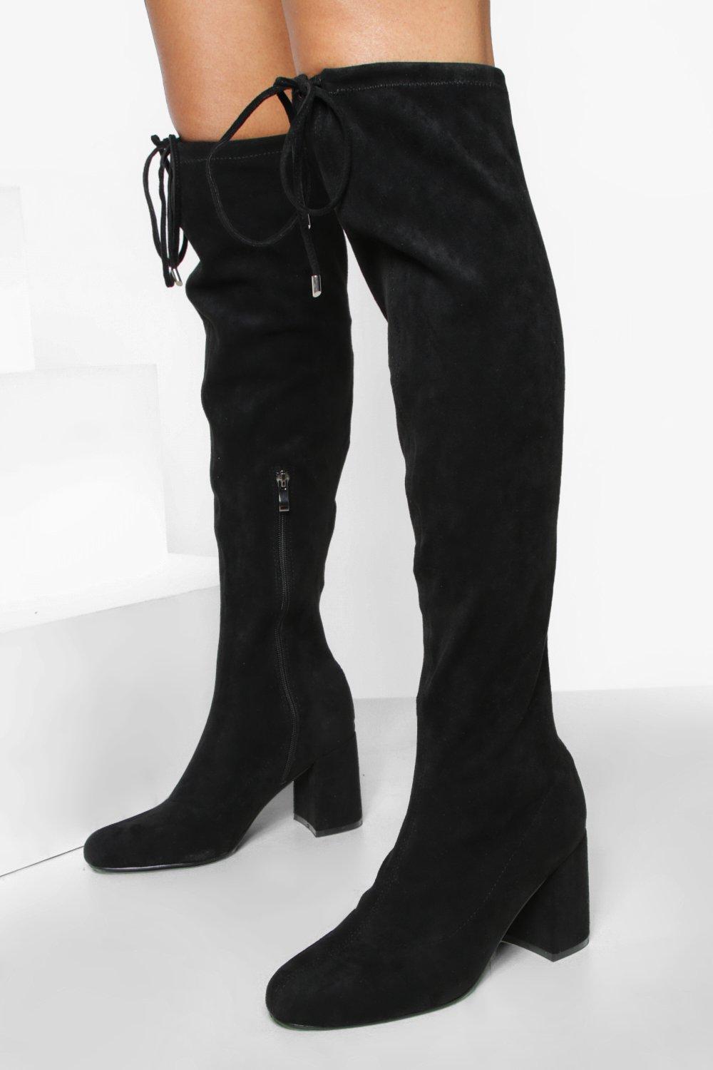 Boohoo Block Heel Stretch Over The Knee Boot- Black  - Size: 6