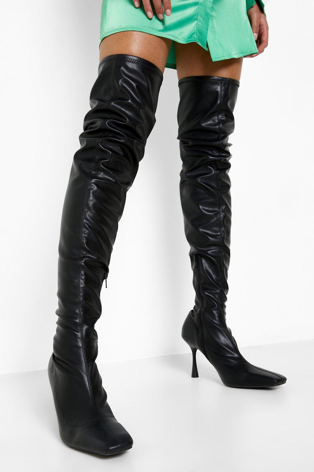 Boohoo Over The Knee Boots Pointed Stiletto Boots- Black  - Size: 7