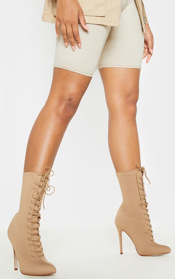 PrettyLittleThing Mazy Nude Lace Up Sock Boots  - Nude - Size: 7