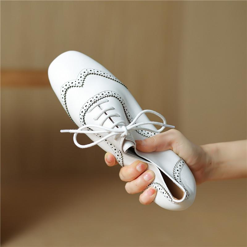 Hexu Shoe Handmade Customized Shoes Women'S Flat Bottomed Small White Shoes, Spring Genuine Leather Carved Comfortable Oversized Lace Up Single Shoes