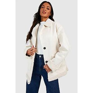 Borg Trim Faux Suede Jacket  ivory S Female