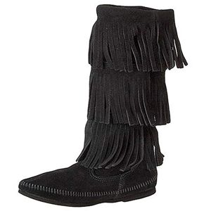 Minnetonka 3-Layer Fringe Boot Women's Long Shaft Moccasin Boots, Black 9