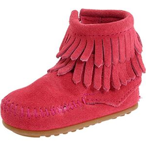 Minnetonka Girls' Side Zip Double Fringe Short Shaft Boots, Pink Hot Pink